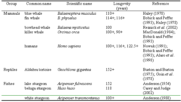 Known supercentenarian vertebrate species (i.e., species with longevity >100 years). 